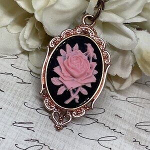Gothic Steampunk Halloween Rose Gold Necklace Black Pink Rose Cameo  Jewelry